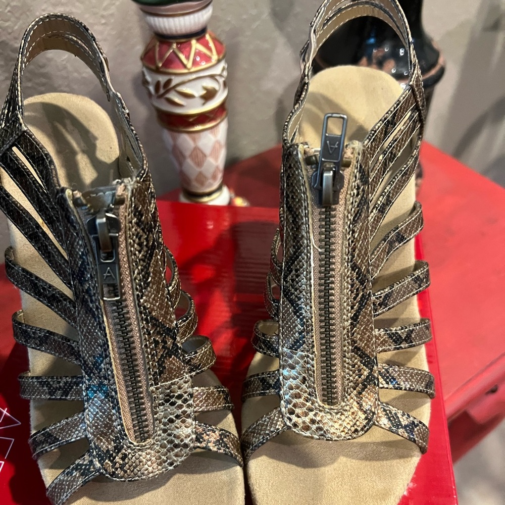 Aerosols  muted Gold snake print wedge sandals.